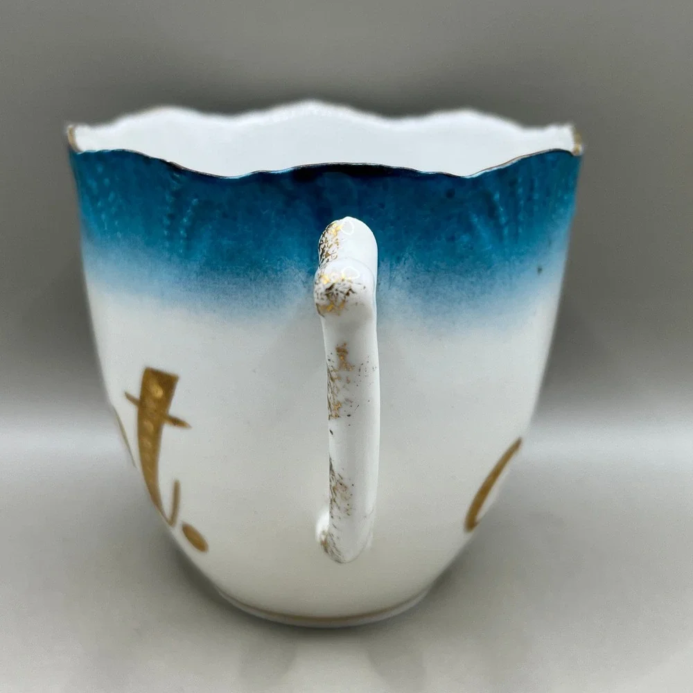 Antique Weimar Germany Porcelain A Present Cup Teal Blue Gold Scalloped As Is